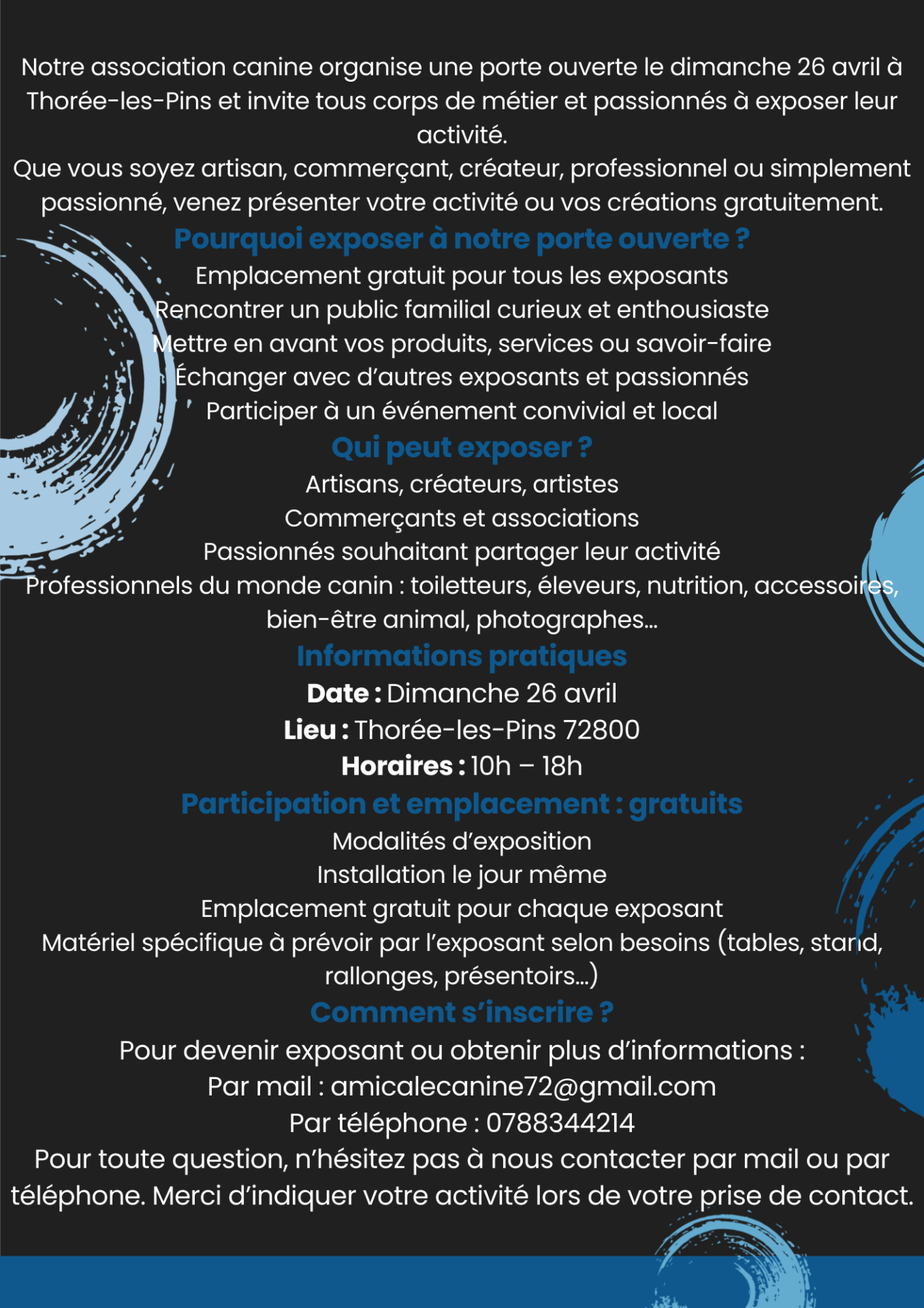 Porte ouverte de l’Amicale Canine Thoréenne – Exposants et passionnés bienvenus